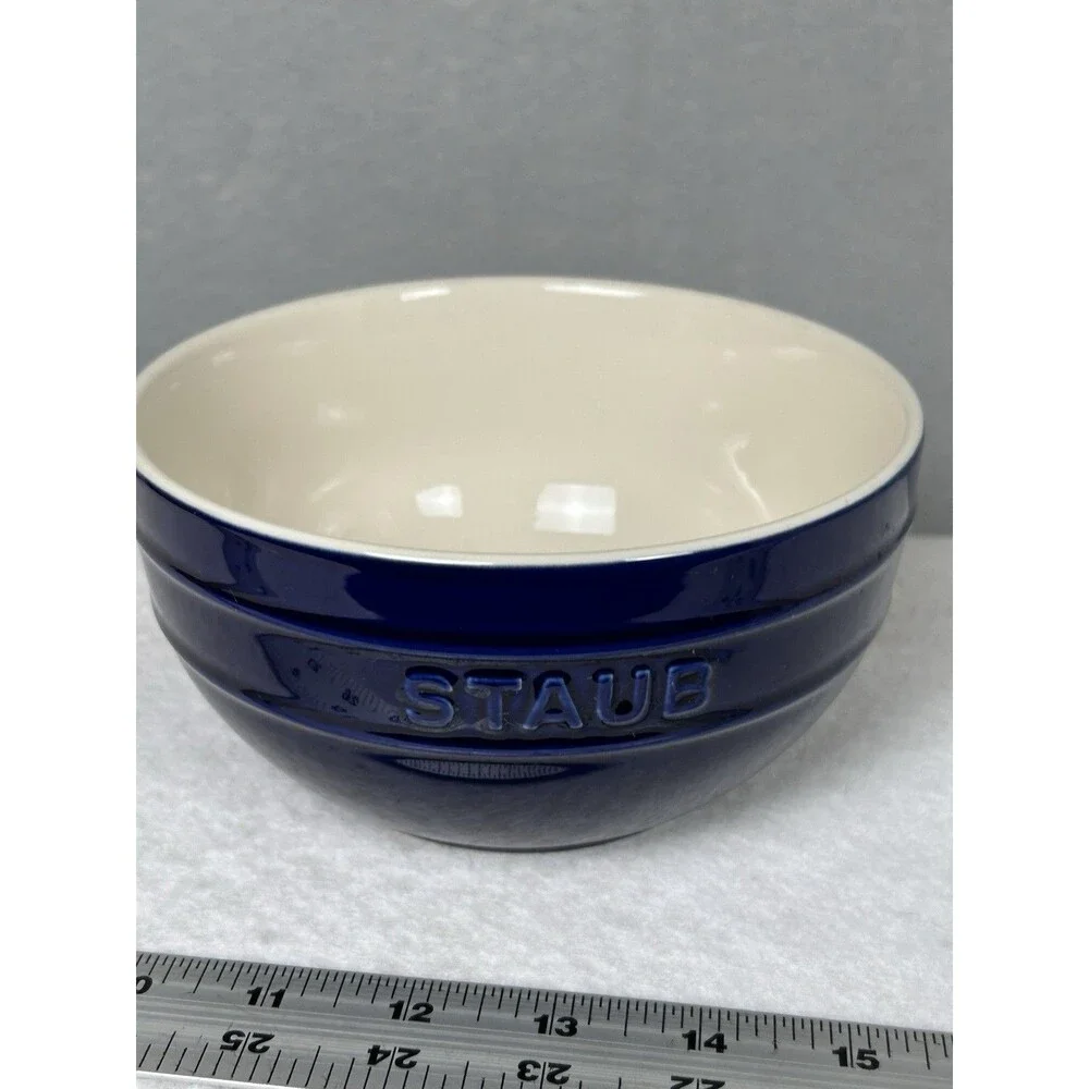1 Staub 6.5 X 3.25 inch diameter cobalt blue & cream prep bowl